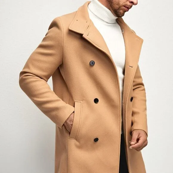 Khaki Preppy Mens Double Breasted Slant Pocket Overcoat - Picture 4 of 5